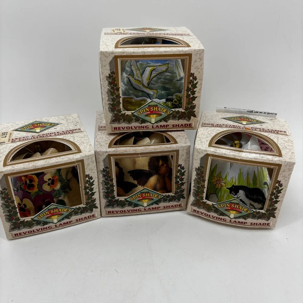 Vintage Spin Shades Revolving Lamp Shade Set Cat Cherub Seagull Pansy 4 Pack